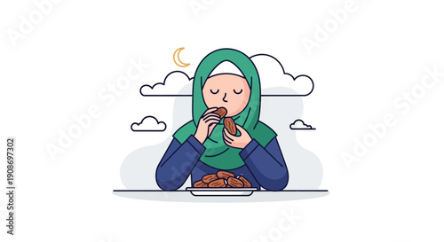 Islamic woman praying outdoors at night with crescent moon