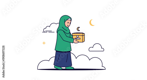 Young woman in hijab holding package outdoors at night