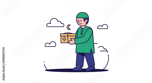 Cartoon Boy Holding Gift Box with Cloud Background