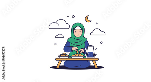 Peaceful Woman Meditating at Night with Moon and Clouds Illustration