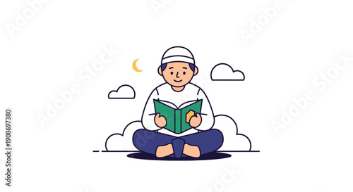 Child Reading Book Sitting on Clouds Under Moon and Sky