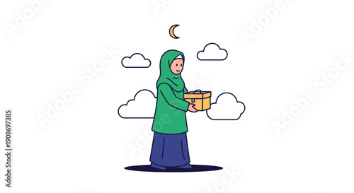 Illustration of a Muslim woman with a hijab holding a gift box under night sky