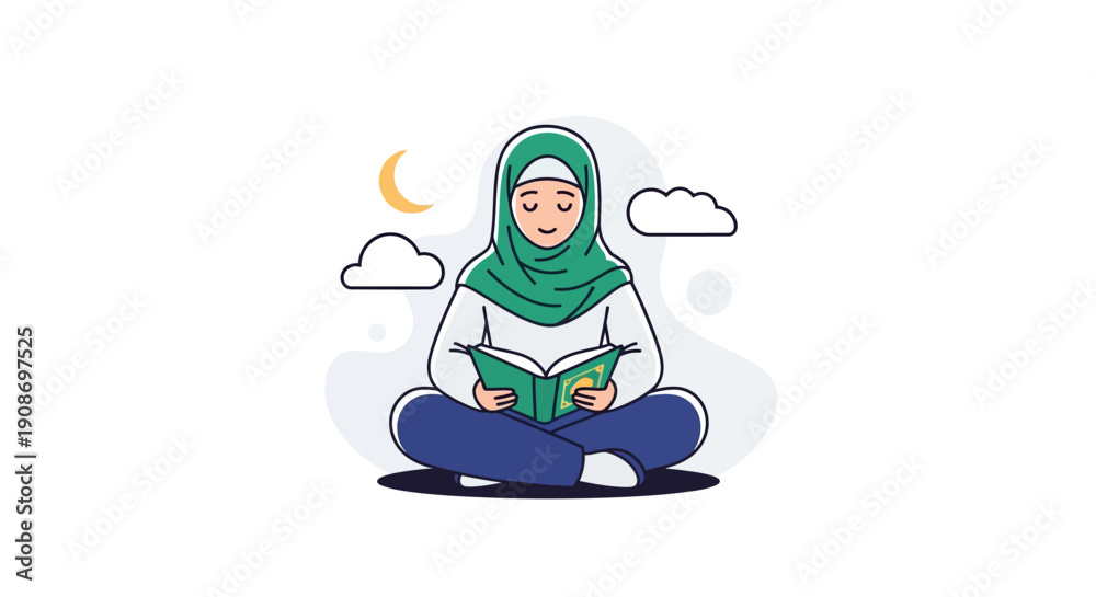 Fototapeta premium Young Muslim Woman Reading Quran in Peaceful Outdoor Setting