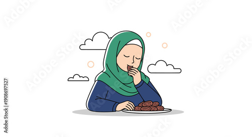 Contemplative Muslim Woman Eating with Hijab and Snack