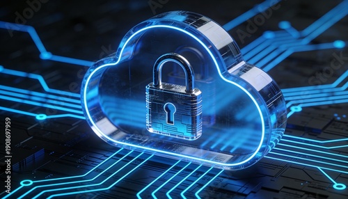 Cybersecurity lock inside cloud symbolizing secure cloud services, data privacy, encryption and digital protection, modern IT security and cloud computing concept