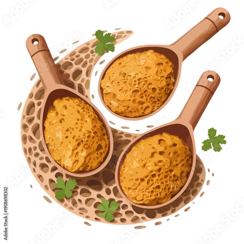 A delightful presentation of traditional indian dessert in wooden bowls isolated on white background, Vector, illustration