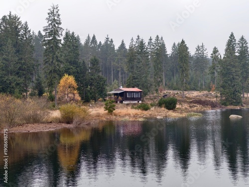 Fotografie serene lakeside retreat, relaxing cabin nestled by water with rustling reeds and