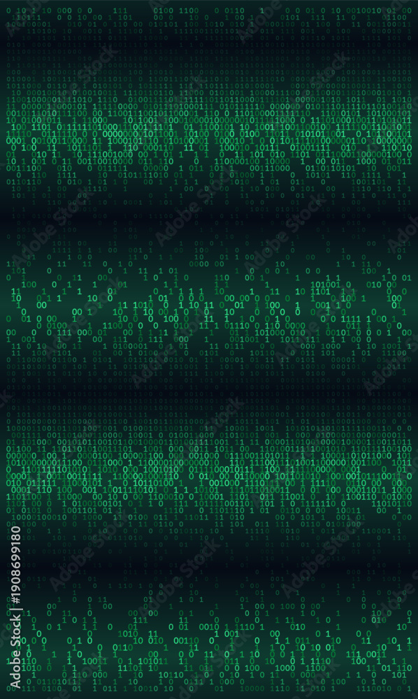Obraz premium A cinematic vertical stream of teal and mint binary code. The symbols flow like a digital waterfall against a deep obsidian sea, creating a refreshing and organized visual for modern networking and su