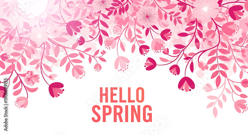 Hello Spring pink floral illustration with leaves and flowers