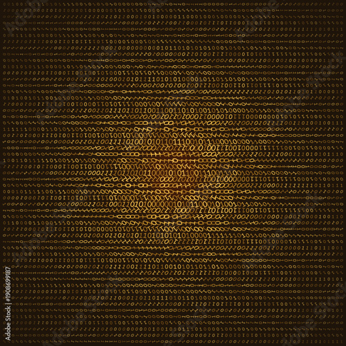 A mesmerizing horizontal field of golden binary characters featuring a central wave distortion. The liquid metallic glow creates a shimmering effect, suggesting a high-value data stream undergoing a f