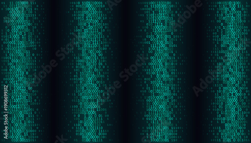 A sophisticated rhythmic arrangement of four vertical binary pillars shimmering in electric cyan. This digital tapestry balances structural symmetry with the fluid motion of streaming data against a d