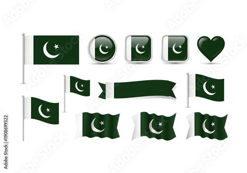 Pakistan flag with green field white stripe crescent and star set png on transparent background
