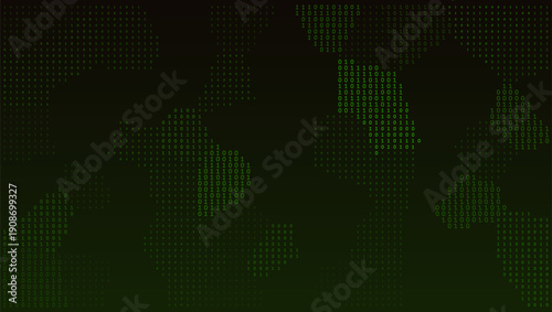 An intricate network of olive and lime binary clusters forming organic, petal-like shapes across a dark digital expanse. This unique visualization merges biological patterns with raw computer code, re