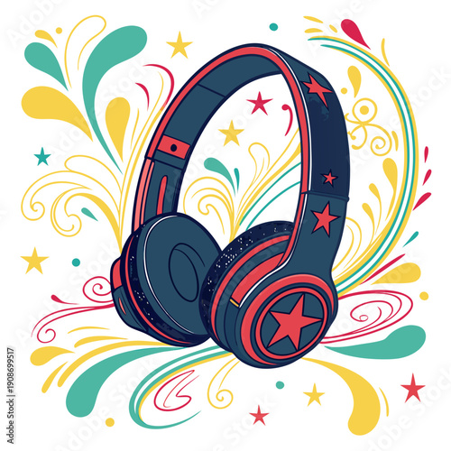 Stylish over-ear headphones with red stars and colorful abstract swirls, music and party illustration.