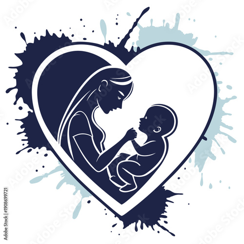 Mother and baby silhouette inside heart with blue paint splatters, maternal love illustration.