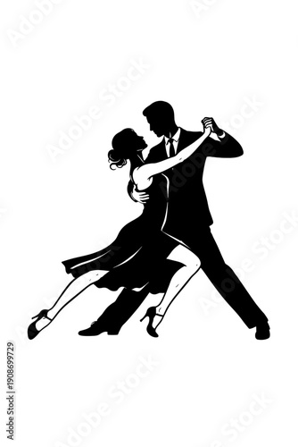 Elegant vector silhouette of a passionate couple gracefully dancing the tango, showcasing dynamic poses, intertwined forms, and a romantic embrace. Black and white illustration captures sophistication