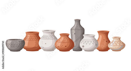 A horizontal row of nine varied antique pottery vases and clay pots with etched patterns stands against a white background.