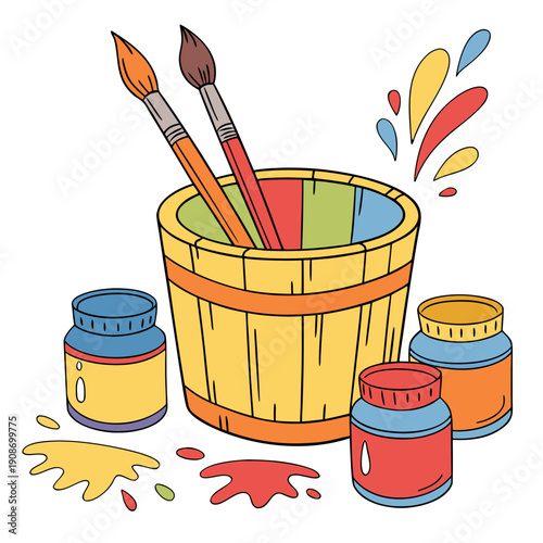 Paint brushes in wooden bucket with colorful paint jars and splashes, art supplies illustration.