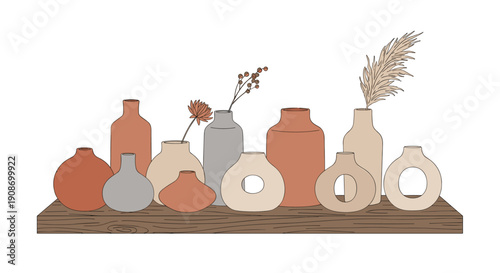 A collection of modern decorative vases and botanical elements is arranged on a wooden shelf against a white background.