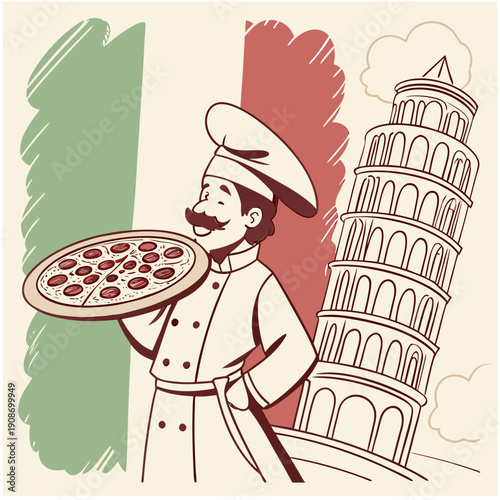 intage watercolor Italian pizza chef with mustache and Leaning Tower of Pisa background.