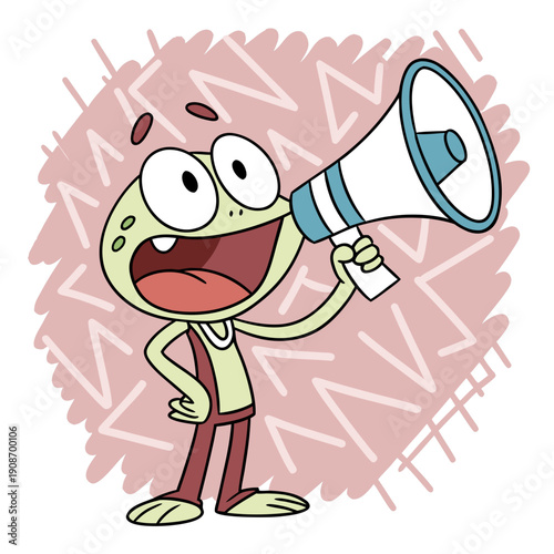 Excited cartoon amphibian character enthusiastically shouting important news or urgent announcement through a white and blue handheld megaphone device illustration