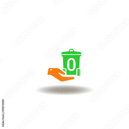 Vector illustration of hand hold garbage container with zero number. Symbol of zero waste.