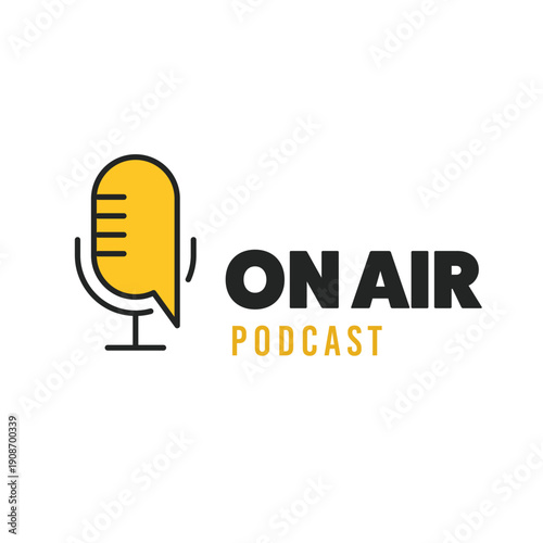 Microphone and speech bubble logo. Podcast, conversation and interview open mic concept design.