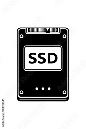 Black and white icon of a Solid State Drive (SSD) with visible SATA connectors, representing fast data storage, essential computer components, and modern hardware technology for digital devices and sy