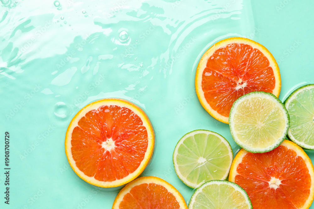 Obraz premium Slices of citrus fruits in water on turquoise background, flat lay. Space for text