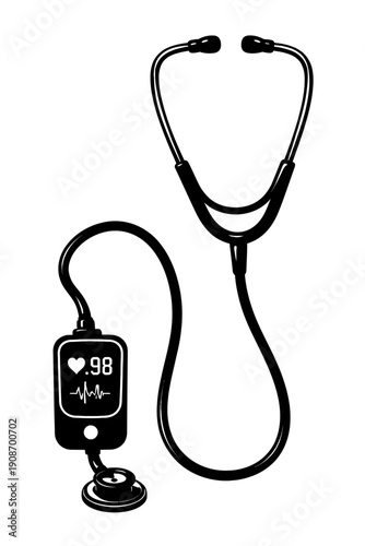 Vector illustration of a classic acoustic stethoscope and a digital medical device displaying heart rate '98' with an ECG waveform. Medical equipment, healthcare, vital signs, diagnosis, doctor, care.