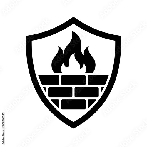 Advanced Cybersecurity Firewall Protection Icon: Illustrating Essential Digital Network Security, This Shield with a Brick Wall and Flames Symbolizes Robust Data Defense, Threat Prevention, and Secure