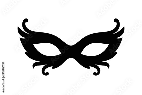 Elegant black masquerade mask vector icon, perfect for carnival, Venetian balls, mysterious events, Halloween, and costume parties. This stylized silhouette features ornate curls, ideal for graphic de