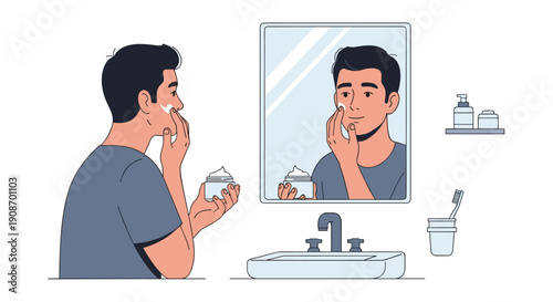 A man applies face cream to his face while looking at his reflection in a rectangular bathroom mirror above a sink.