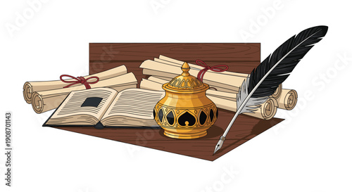 Old paper scrolls, an open book, a golden inkwell, and a feather quill pen are arranged on a wooden table.