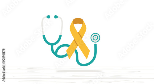 A teal colored stethoscope is entwined with a yellow awareness ribbon on a light wooden texture.