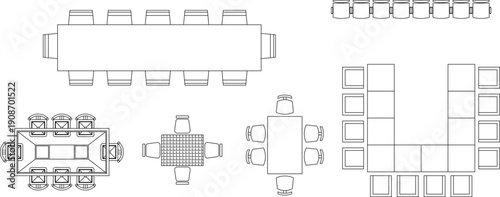 Technical vector drawing showing various top-down views of modular furniture components, storage units, and desks in black lines.