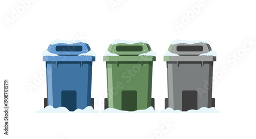 Three snow-covered recycling bins in blue, green, and gray stand neatly side by side.