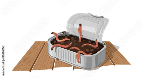 An opened metal can filled with dark soil and several live earthworms rests on brown wooden planks on a white background.