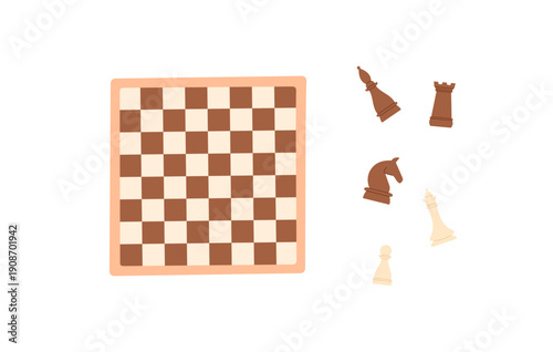 Flat chessboard sticker featuring black and white chess pieces. Strategy boardgame with pawn, horse, and table components. Tournament hobby fun activity design for skill development leisure