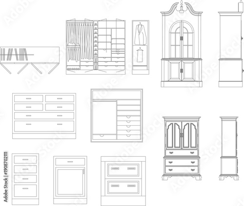 Technical vector drawing of various storage furniture components: closets, dressers, and classic cabinets in front and side views