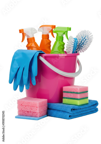 A hyperrealistic collection of colorful domestic cleaning supplies including a pink bucket and blue gloves on a white background. Concept of household hygiene and chores