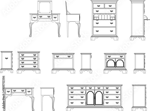 Technical vector drawing showing various top-down views of modular furniture components, storage units, and desks in black lines.