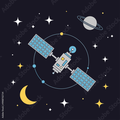 Satellite orbiting Earth, solar panels, stars, moon and planet in deep space