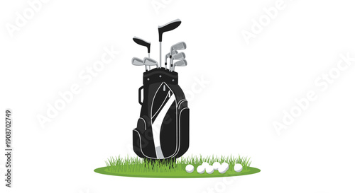 A black golf bag filled with various golf clubs is sitting on a patch of green grass with white golf balls.