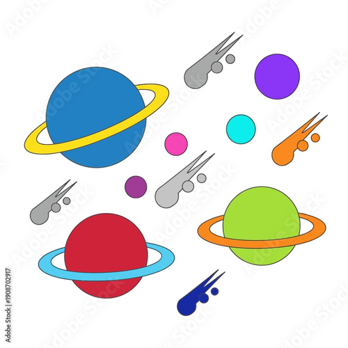 Colorful Planets, Comets, and Stars in Space - Cosmic Fantasy Illustration