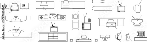 Technical vector drawing showing various top-down views of modular furniture components, storage units, and desks in black lines.