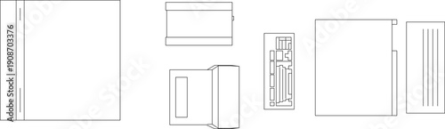 Technical vector drawing showing various top-down views of modular furniture components, storage units, and desks in black lines.