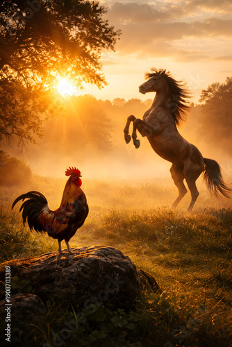 Majestic horse and rooster from the Chinese zodiac at sunrise, bathed in golden light and mist. Powerful yet peaceful scene symbolizing strength, luck, and new beginnings.