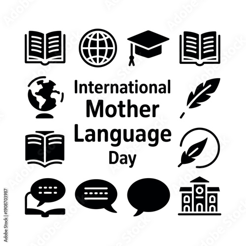 International Mother Language Day celebrated with various educational icons and symbols