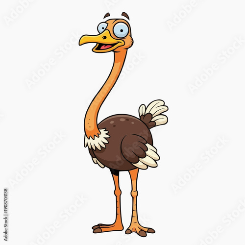 Cartoon ostrich standing and smiling with exaggerated features  